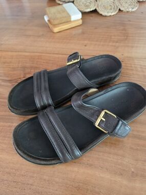 Madewell Brown Leather Double-Strap Slide Sandals with Gold Buckles